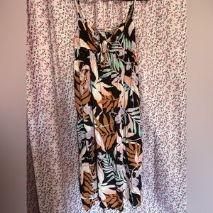 Billabong Black Tropical Print Midi Dress with Peach & Mint Leaves